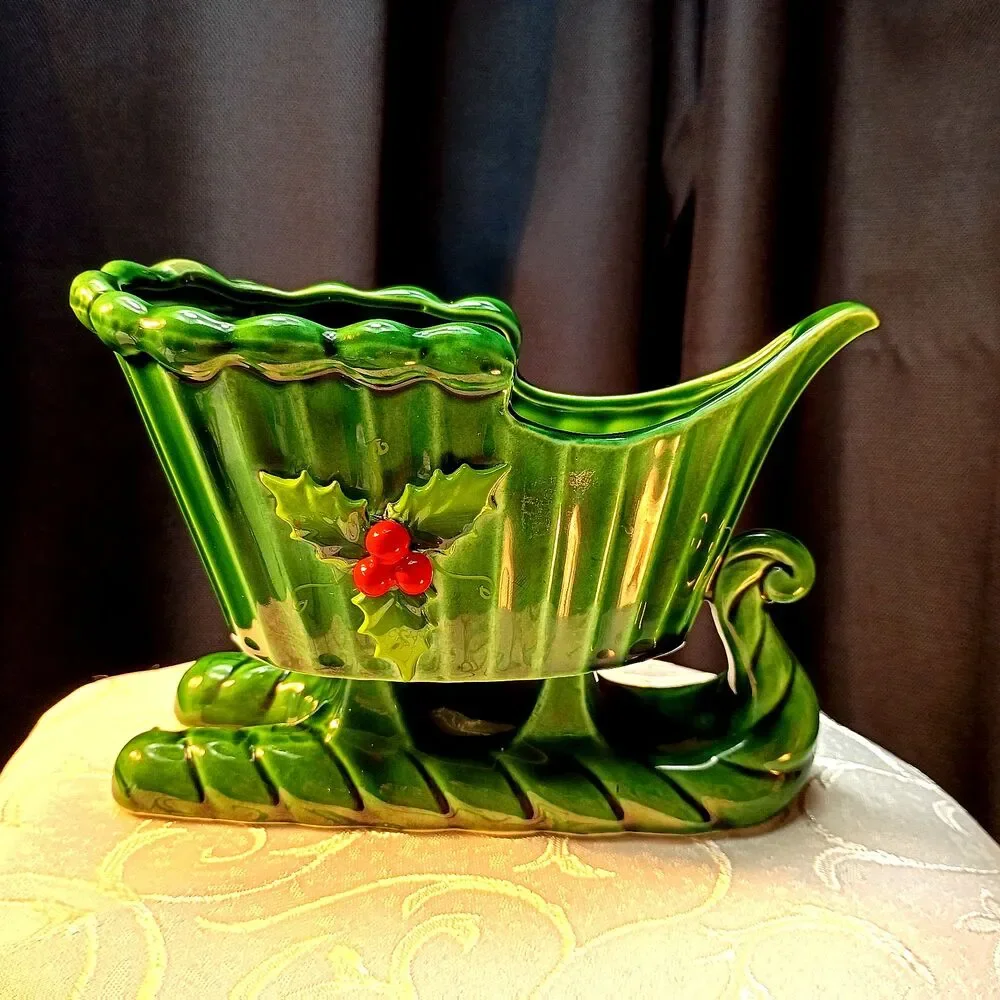 Vintage Holt Howard Ceramic Green Candle Holder Planter Sleigh, MCM Christmas
